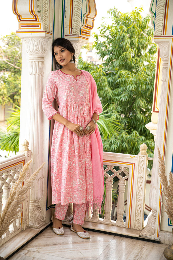 Pink Printed Cotton Suit with Kota Doria Dupatta- Set of 3