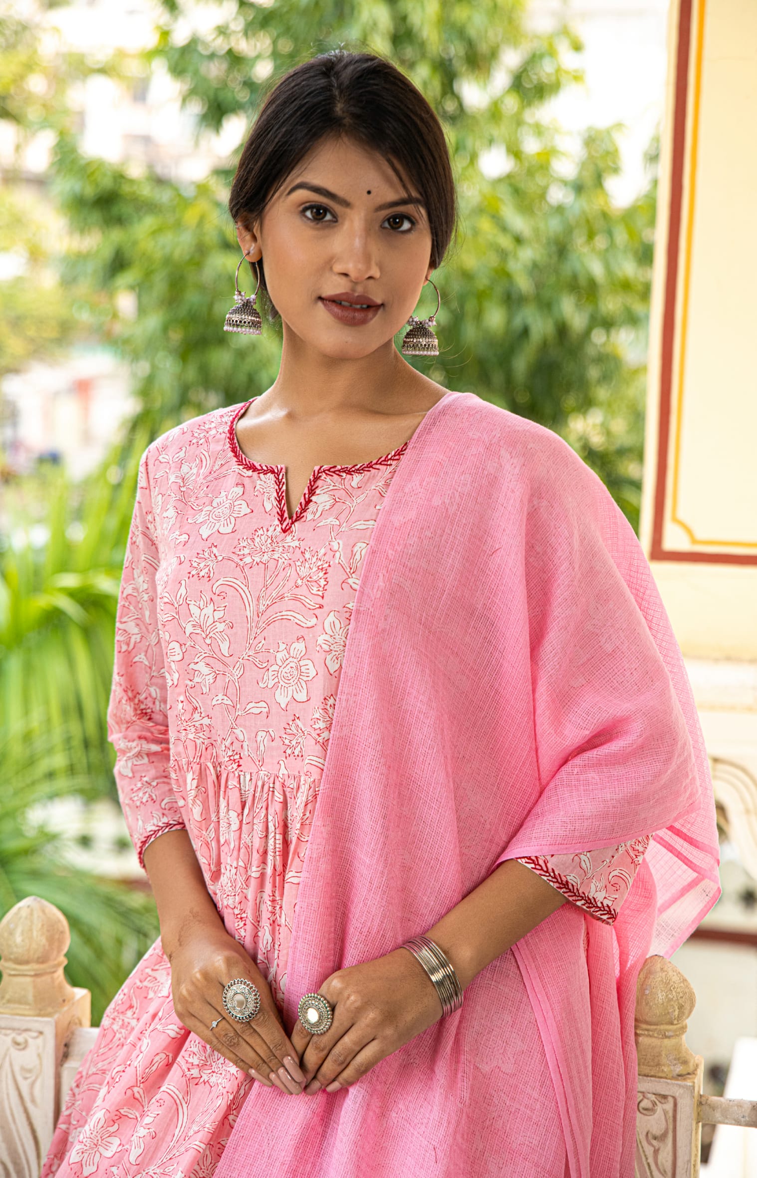 Pink Printed Cotton Suit with Kota Doria Dupatta- Set of 3