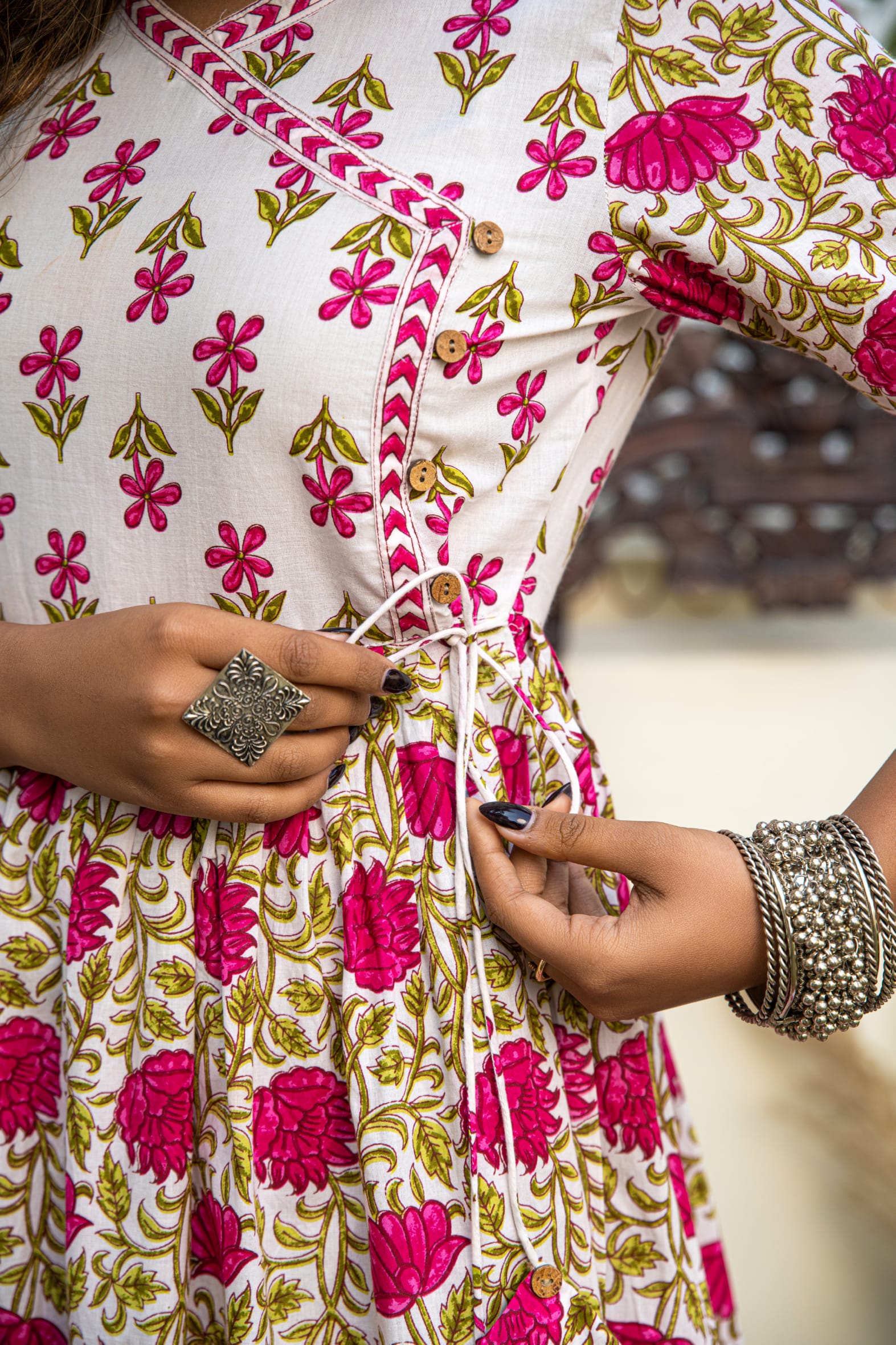 White Pink Hand Block Printed Cotton Angrakha Suit - Set of 3