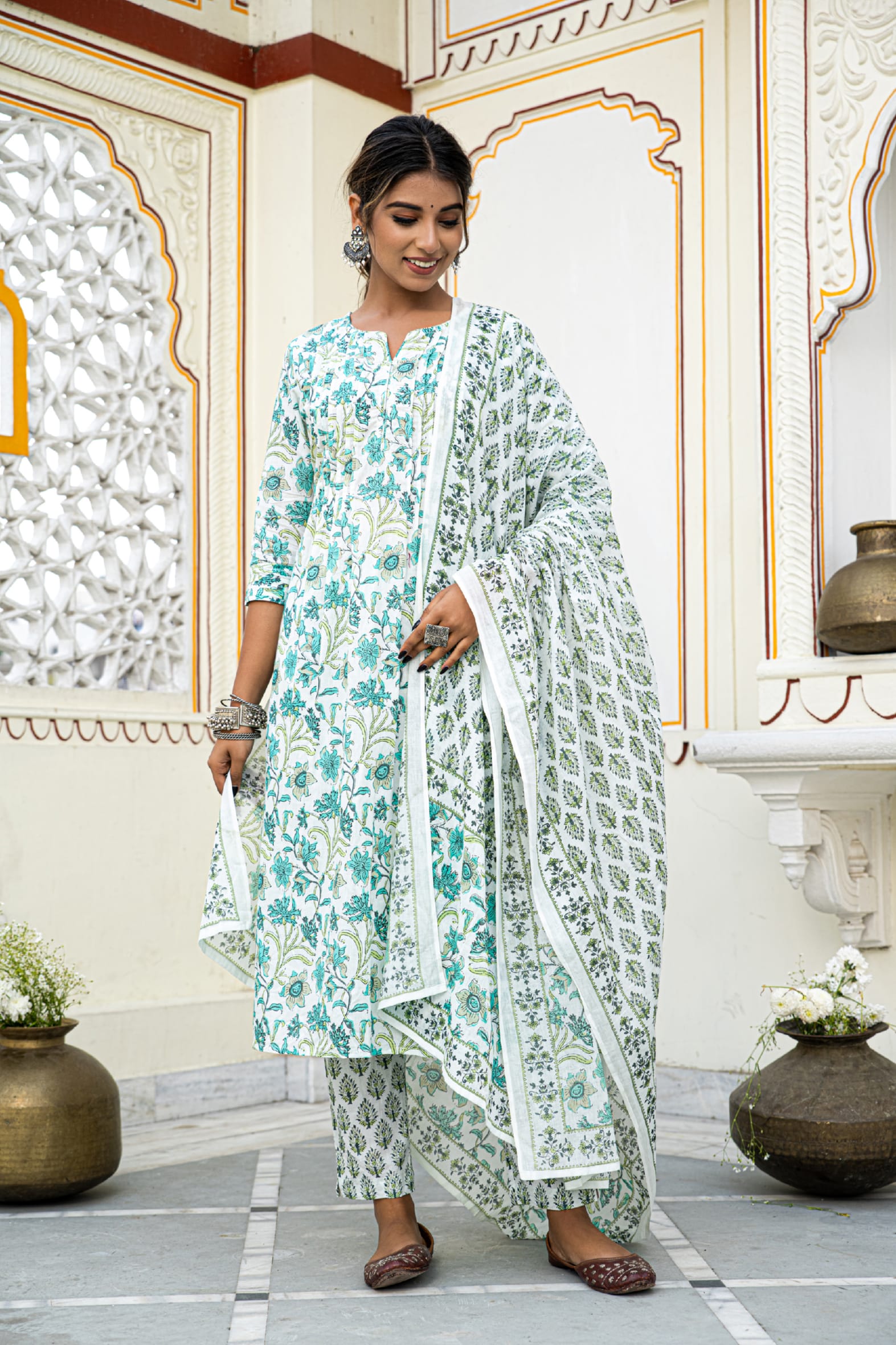 White Cotton Block Printed Kurta Pant Set With Pleats & Printed Cotton Dupatta