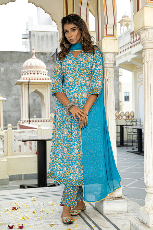Blue Hand Block Printed Cotton Angrakha Suit with Chiffon Dupatta- Set of 3