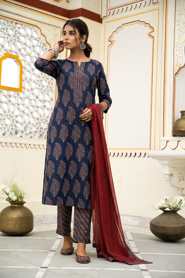 Navy Blue Hand Block Ajrakh Printed Cotton Suit with Maroon Kota Doria Dupatta- Set of 3