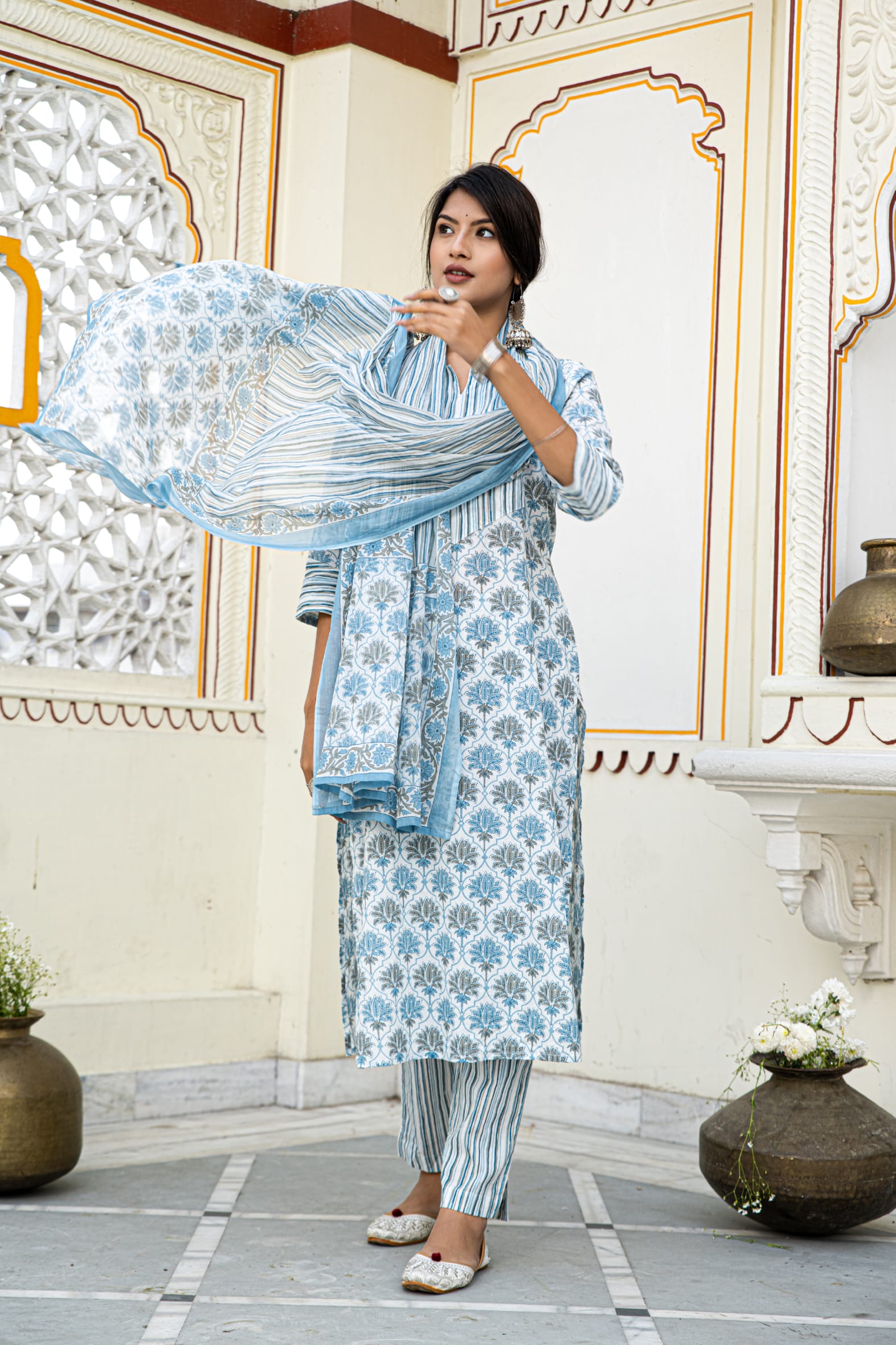 White Blue Printed Cotton Suit With Printed Dupatta- Set of 3