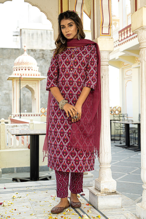 Burgundy Printed Cotton Suit with Kota Doria Dupatta- Set of 3