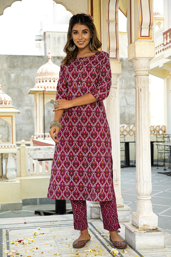 Burgundy Printed Cotton Kurta with Pants- Set of 2