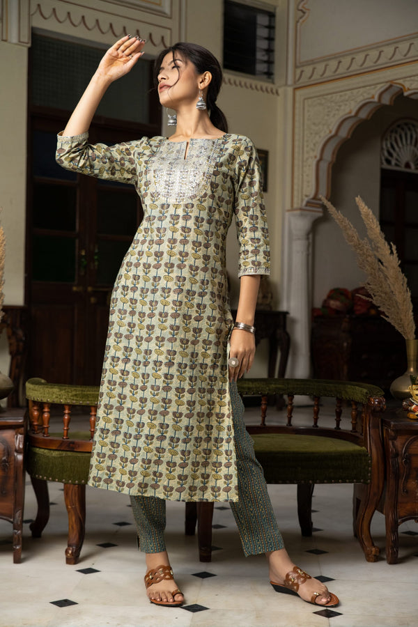 Green Hand Block Printed Cotton Kurta with Pants- Set of 2