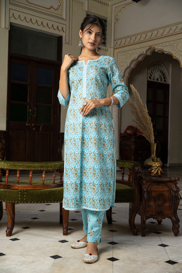 Firozi Printed Cotton Kurta with Pants- Set of 2