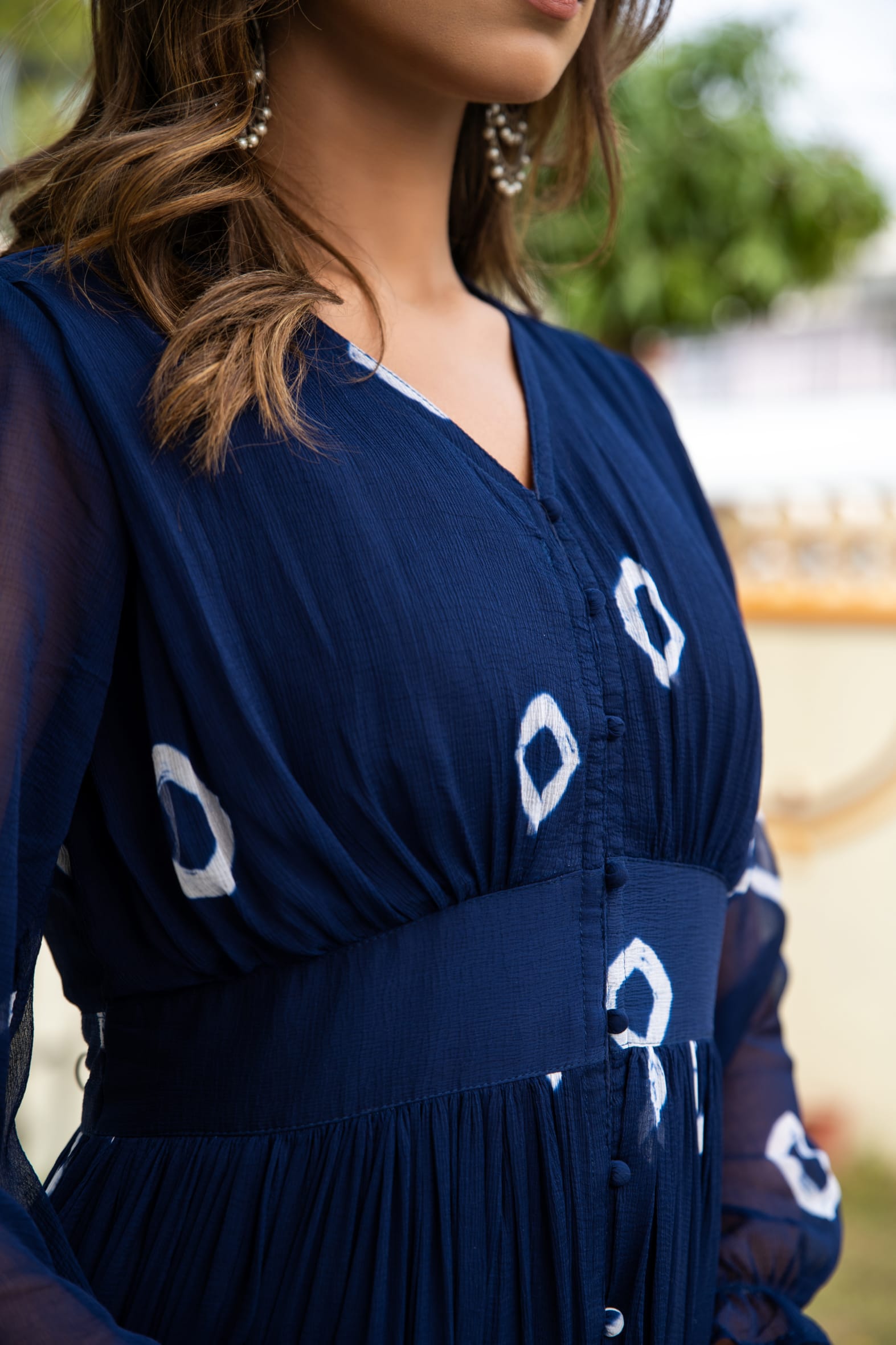 Navy Blue Tie and Dye Long Front Slit Chiffon Dress