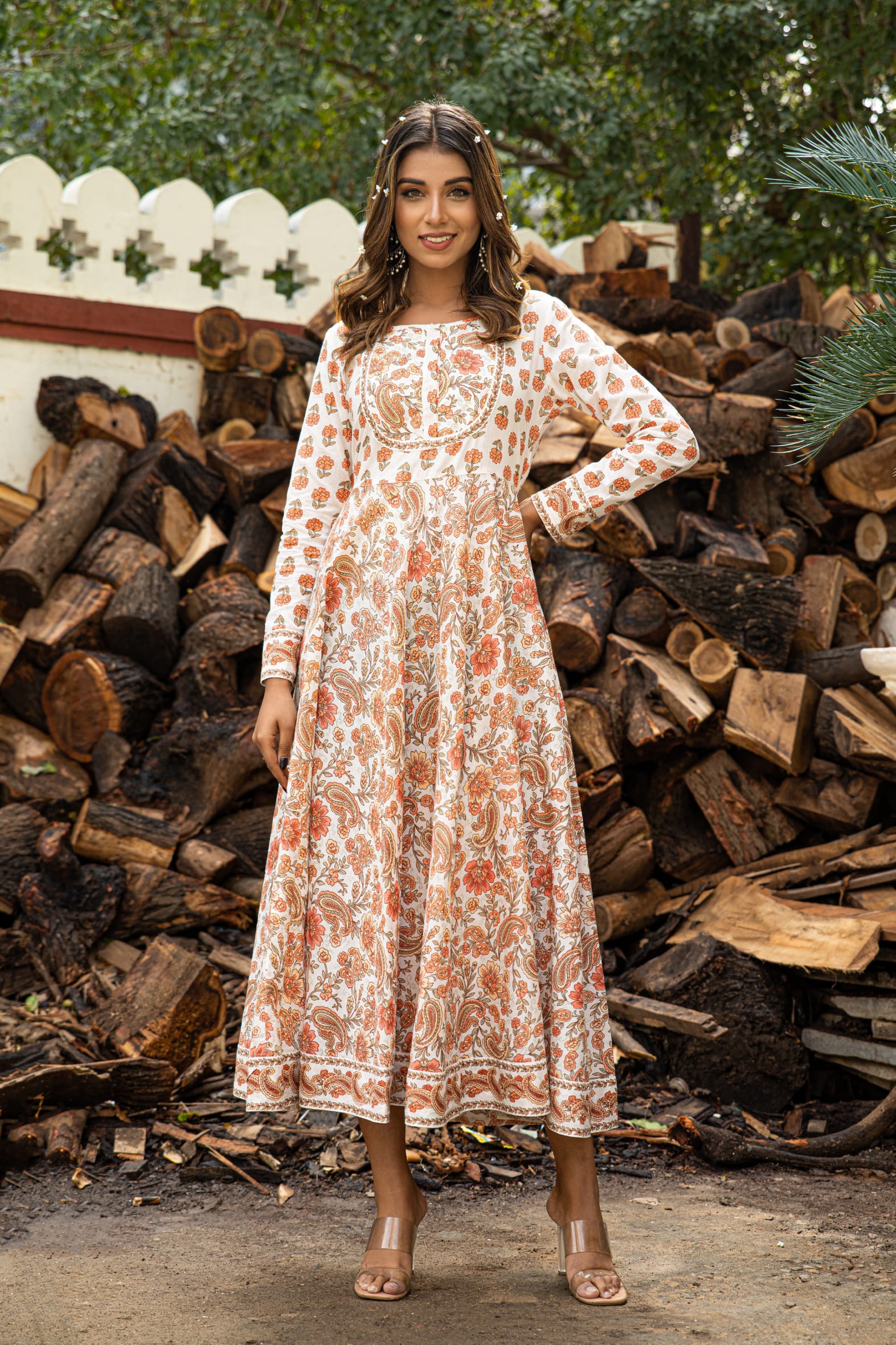 Off White Orange Hand Block Printed Cotton Anarkali Dress