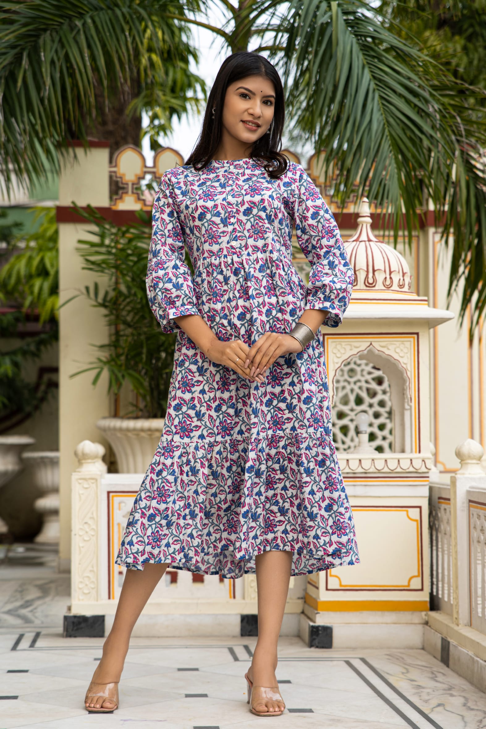 White Blue Hand Block Printed Cotton Dress