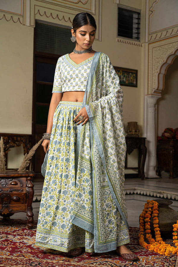 White Blue Hand Block Printed Cotton Lehenga- Set of 3