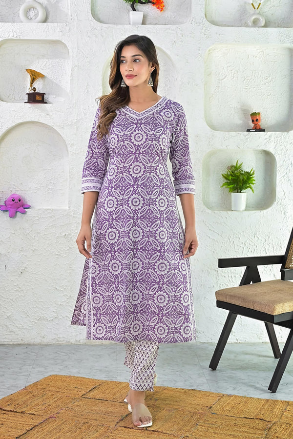 Purple Hand Block Printed Cotton Kurta with Pants - Set of 2