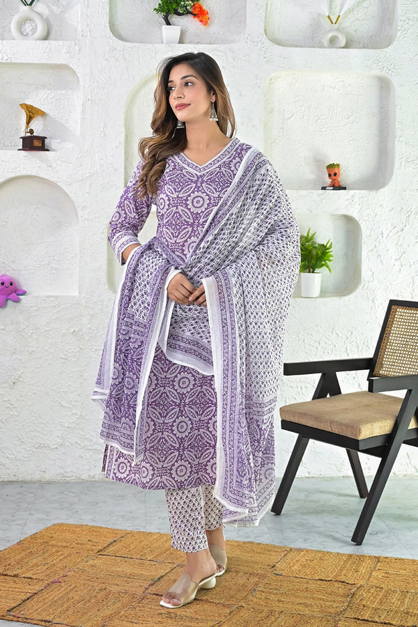 Purple Hand Block Printed Cotton Suit - Set of 3