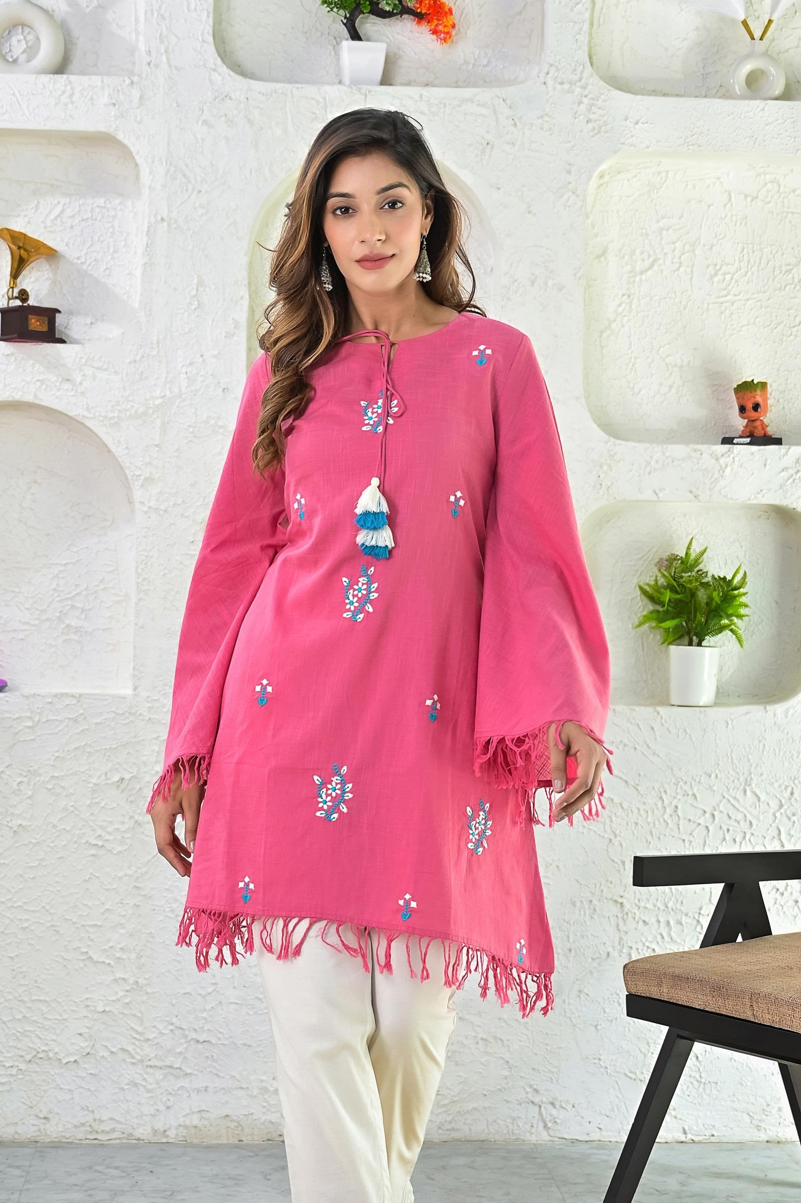 Pink Embroideried Cotton Umbrella Style Top