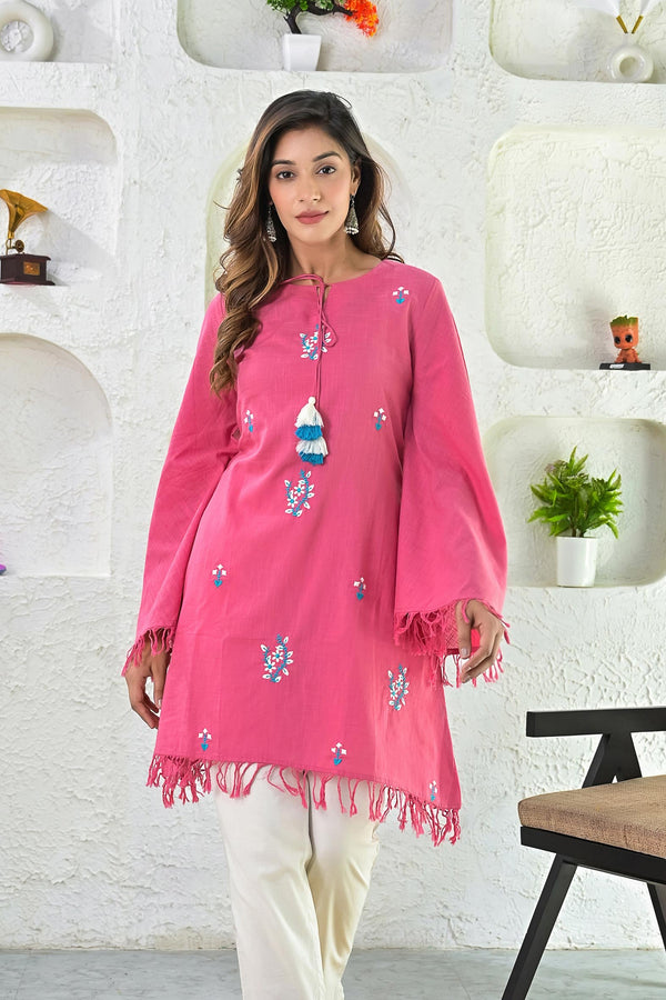 Pink Embroideried Cotton Umbrella Style Top