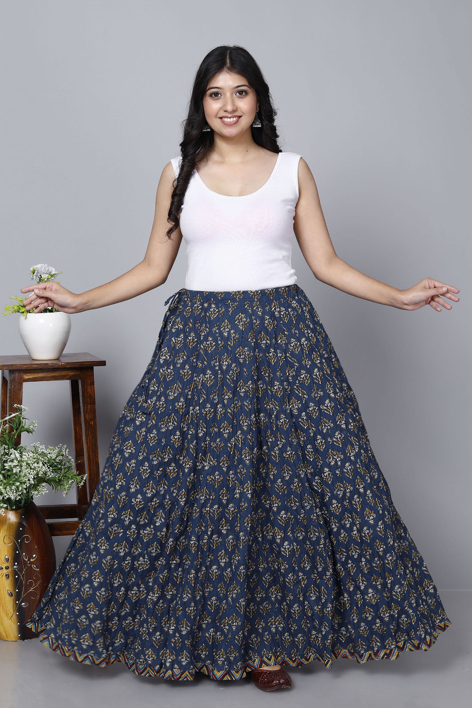 Navy Jaal Printed Long Cotton Skirt