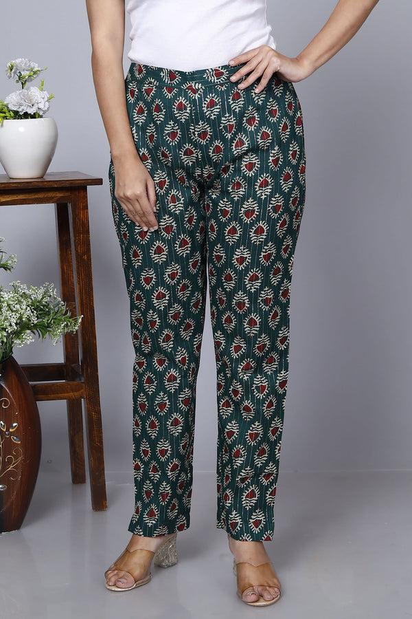 Sea Green Cotton Printed Ankle Length Pant