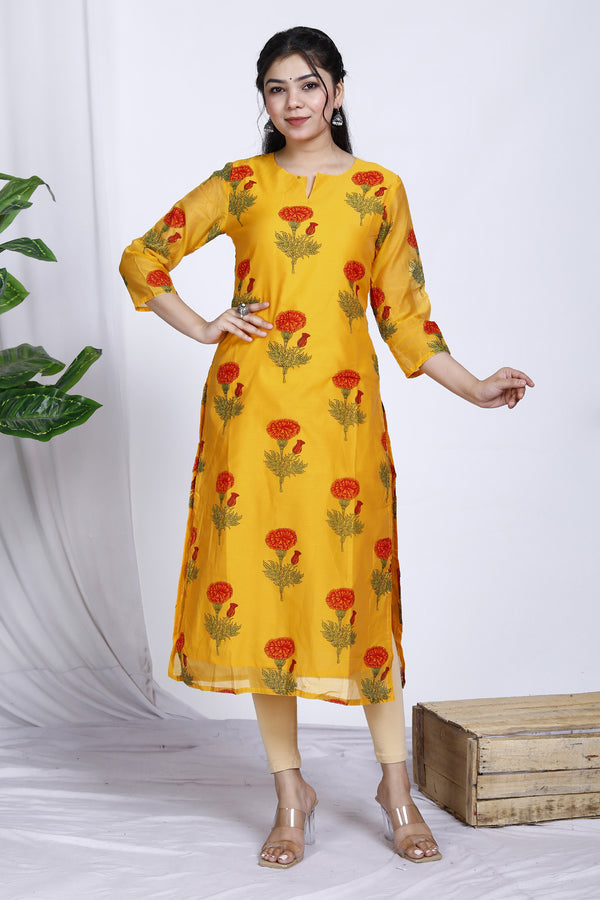 Mustard Butta Printed Chanderi Kurta For Women