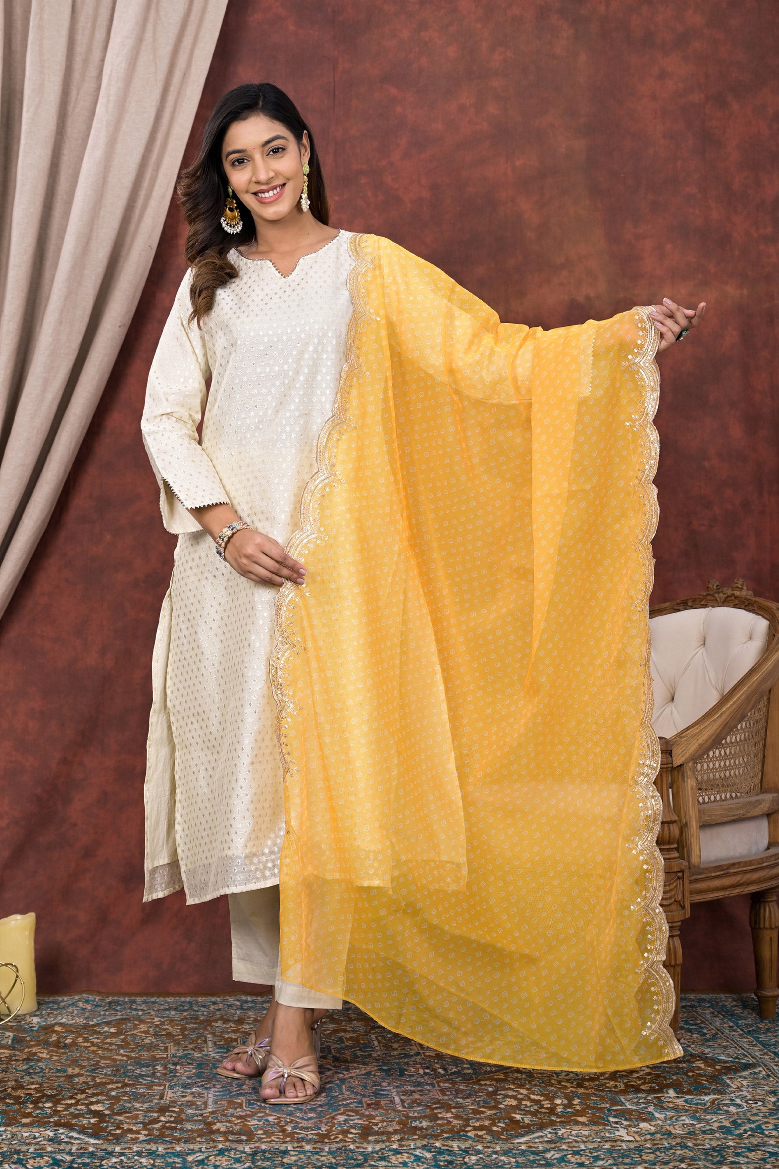 White Embellished Chanderi Kurta Pant Set With Chiffon Dupatta