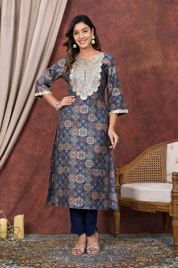 Blue Digital Printed Modal Chanderi Partywear Kurta Pant Set