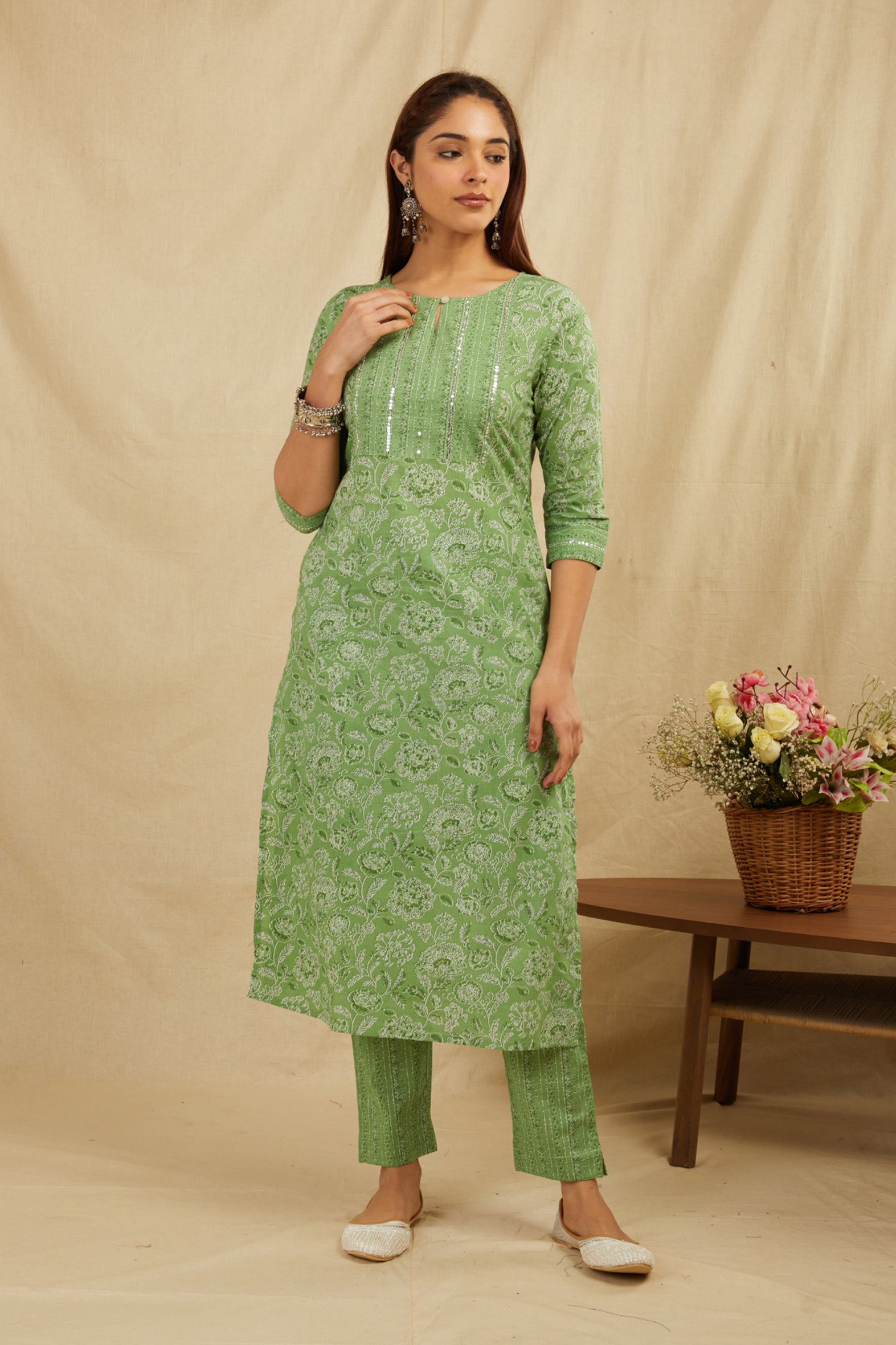 Green Straight Cotton Kurta Pant Set With Dupatta - Set of 2