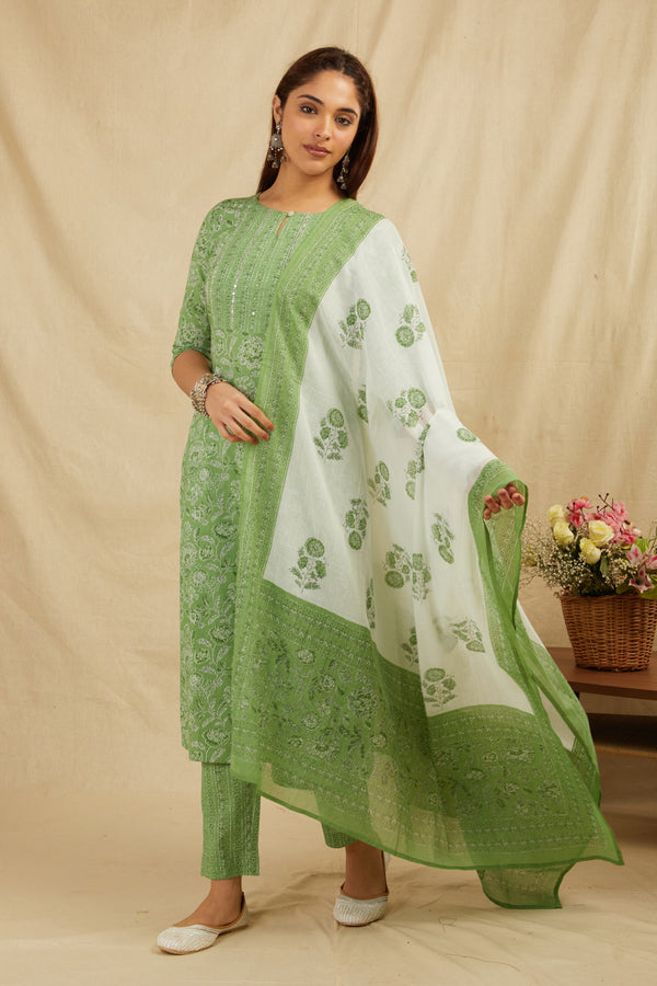 Green Straight Cotton Kurta Pant Set With Dupatta - Set of 3