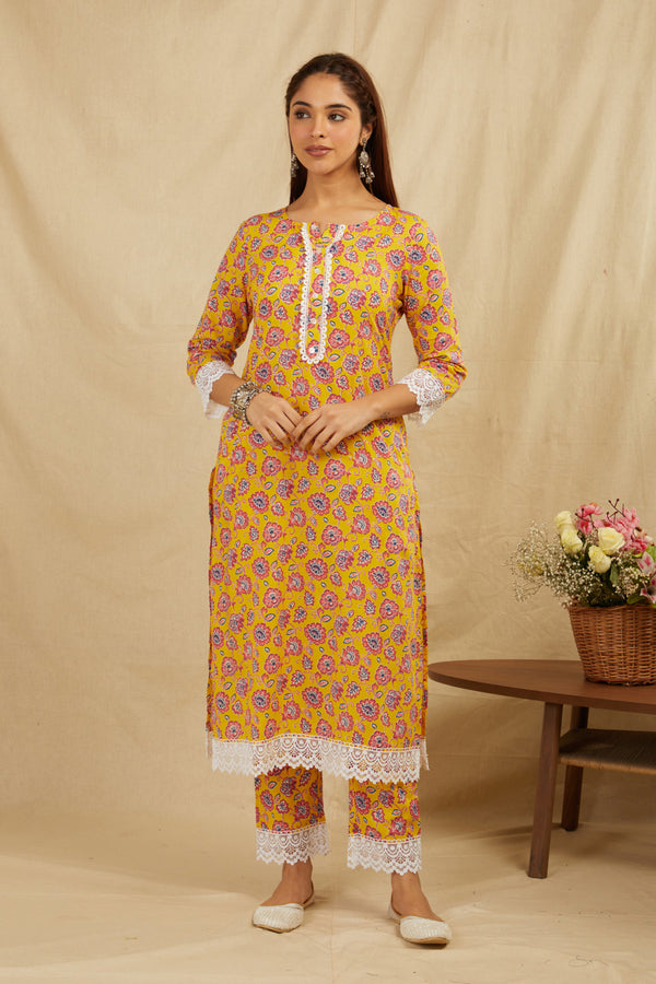 Mustard Printed Cotton Kurta Pant Set With Fancy Lace - Set of 2