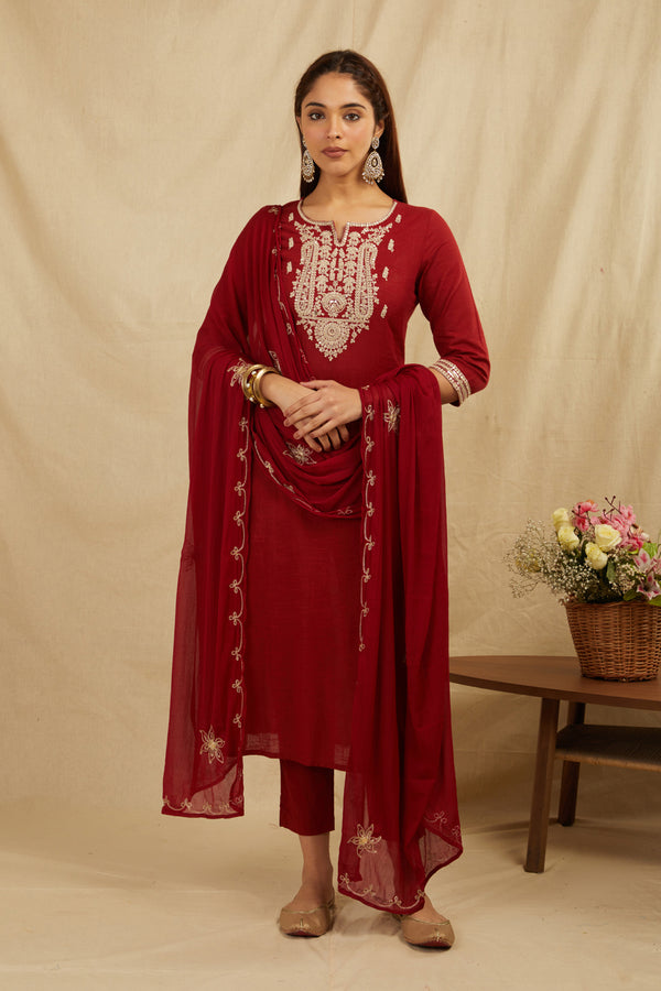 Maroon Cotton Partywear Suit Set With Work On Yoke