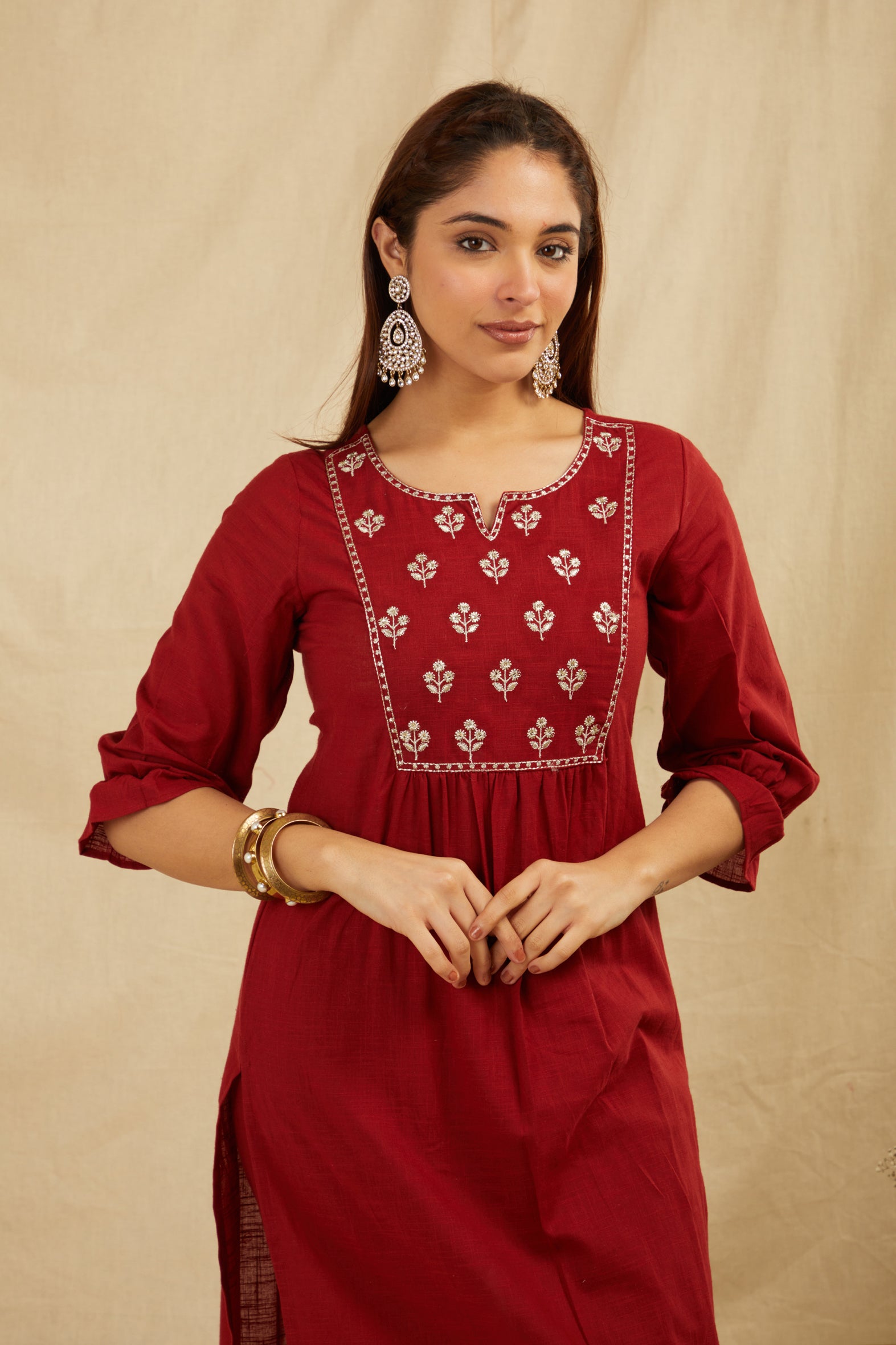 Maroon Cotton Partywear Suit Set With Work On Yoke