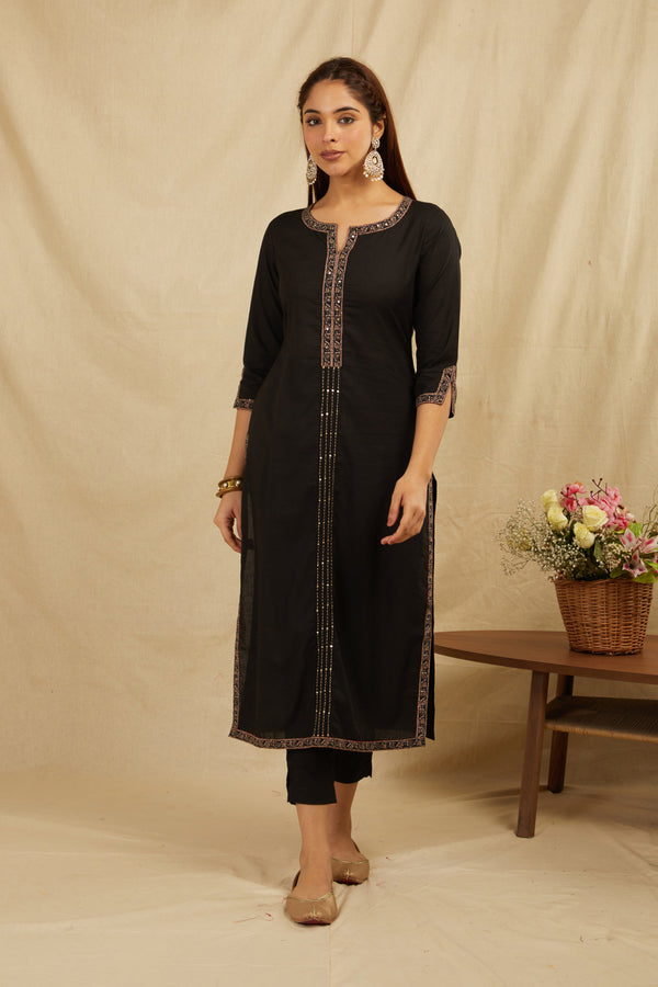 Black Printed Cotton Kurta with Pants - Set of 2