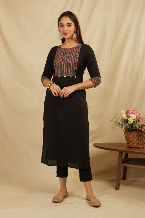 Black Hand Block Printed Cotton Kurta with Pants - Set of 2