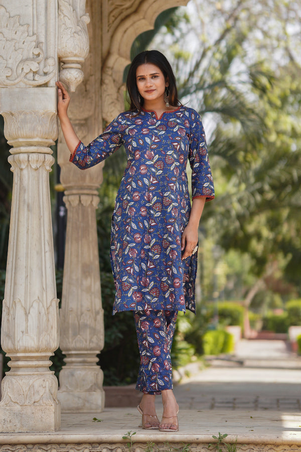 Blue Printed Cotton Kurta with Pants - Set of 2