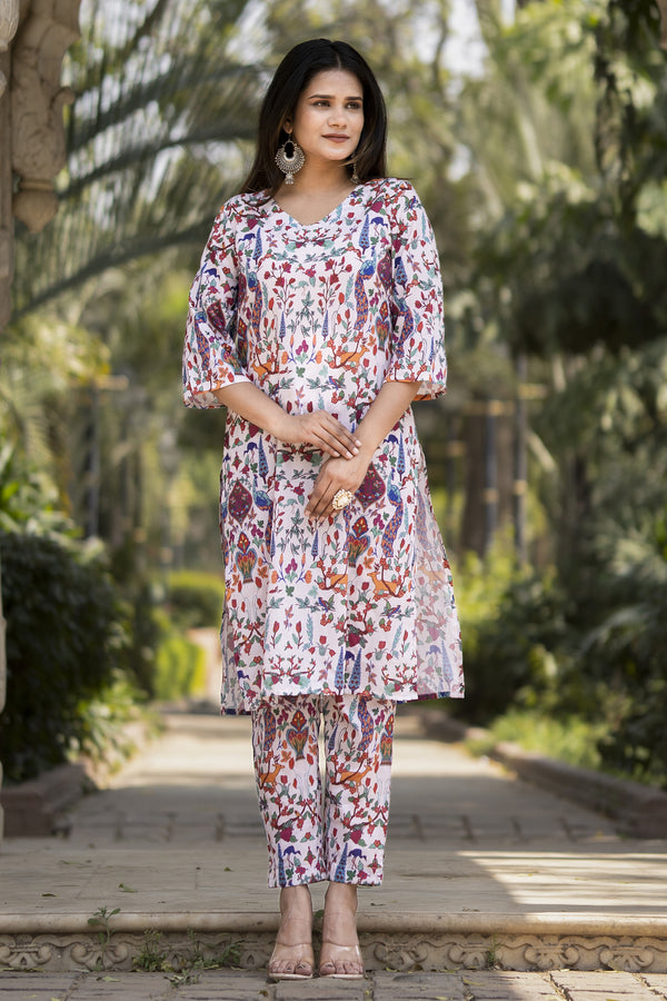 White Printed Muslin Kurta with Pants - Set of 2