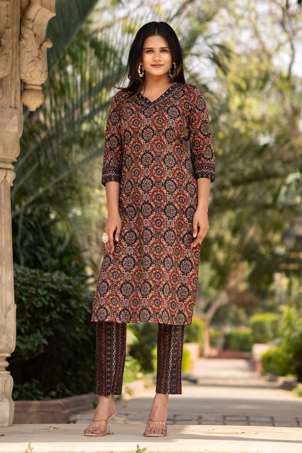 Maroon Printed Cotton Kurta with Pants - Set of 2