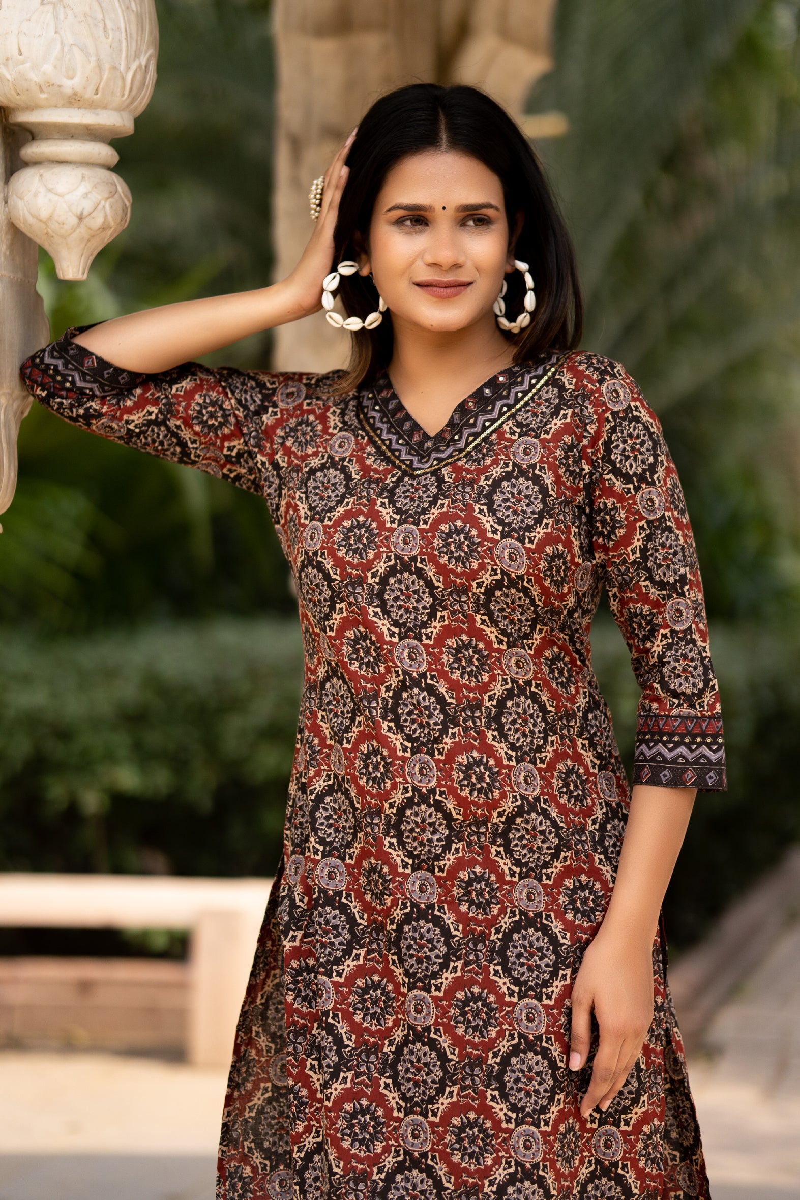 Maroon Printed Cotton Kurta with Pants - Set of 2