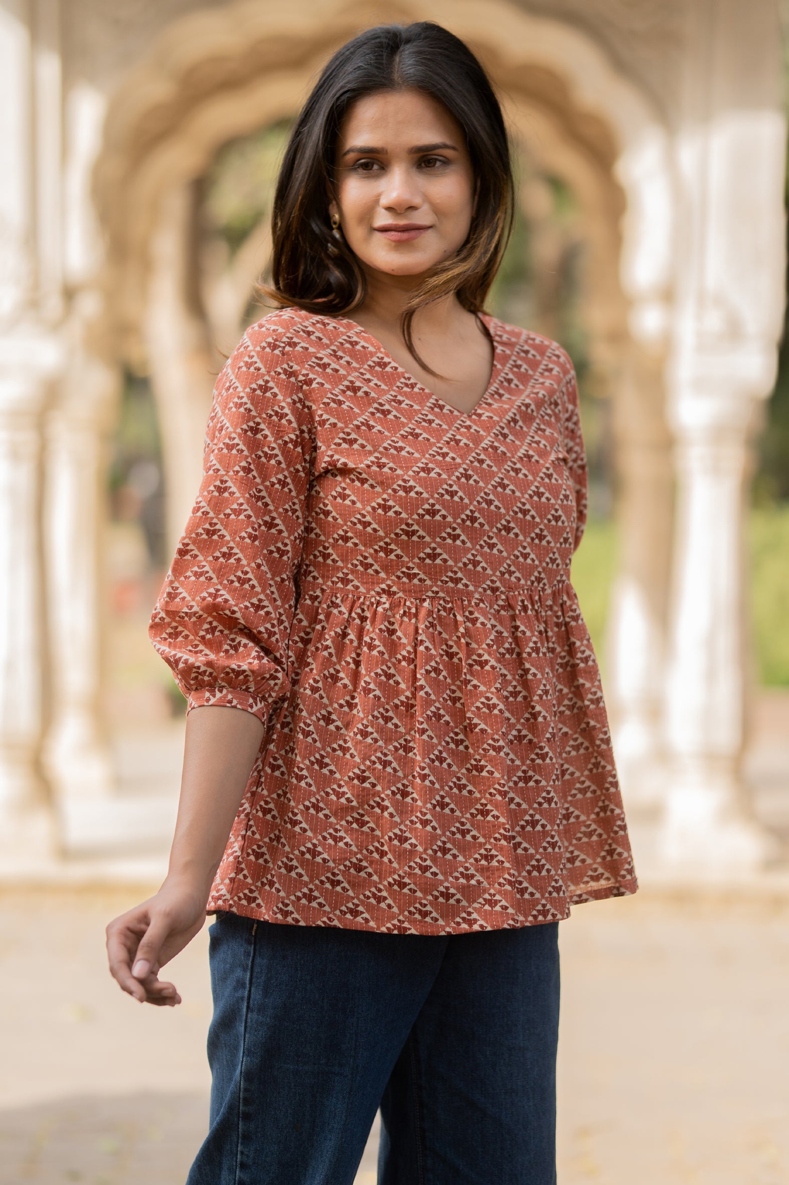 Peach Flared Cotton Printed Short Top