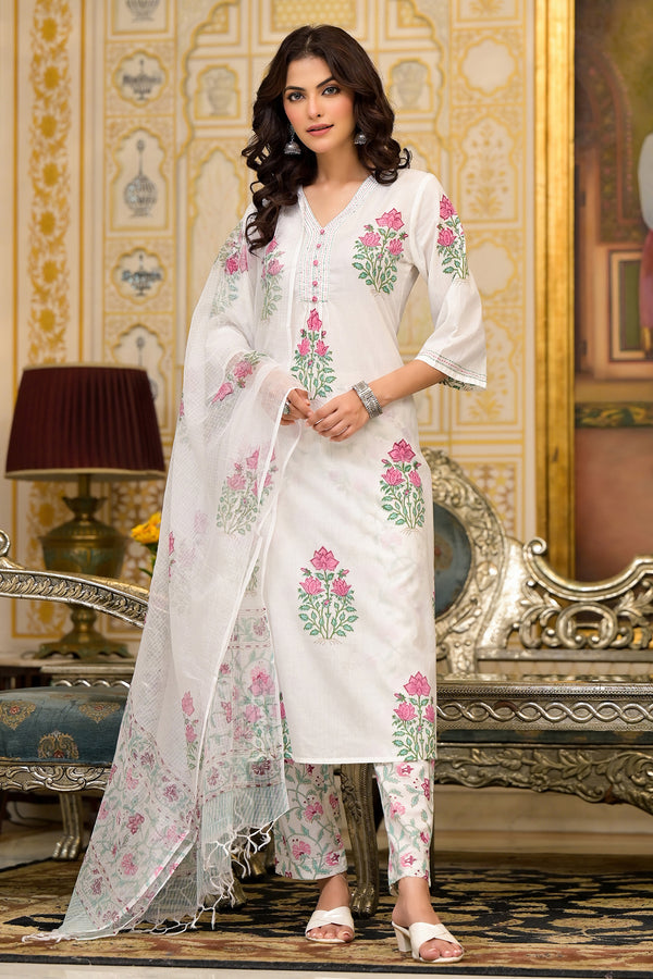 White Cotton Mughal Block Printed Kurta Pant Set With Dupatta