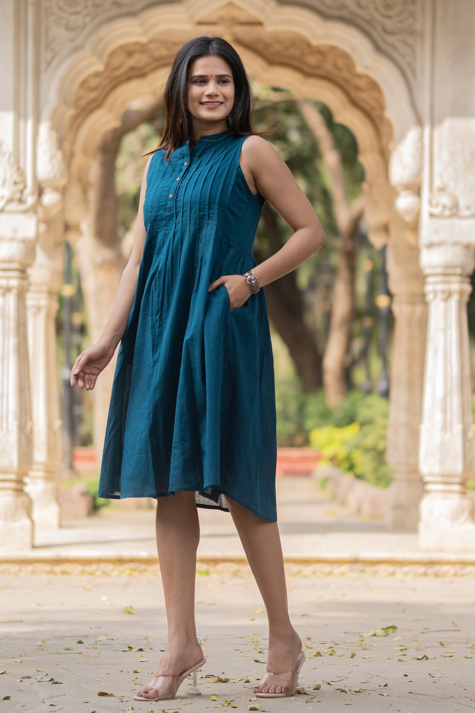 Blue Solid Knee Length Cotton Dress