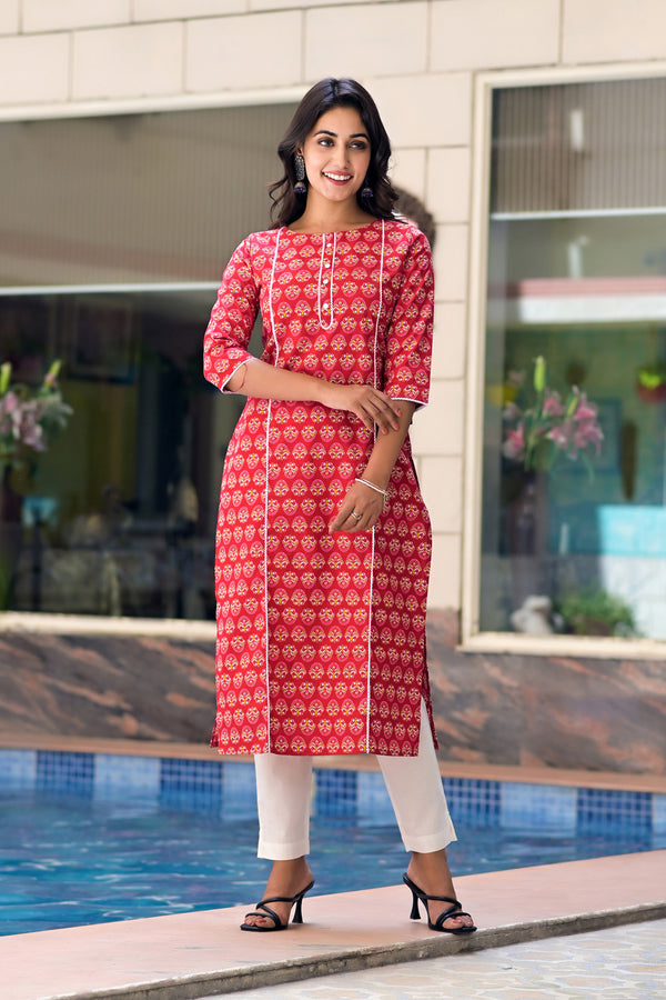 Red Cotton Printed Straight Kurta With White Pant - Set of 2