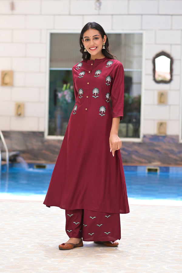 Maroon Rayon Embroideried Solid Long Kurta with Palazzo- Set of 2