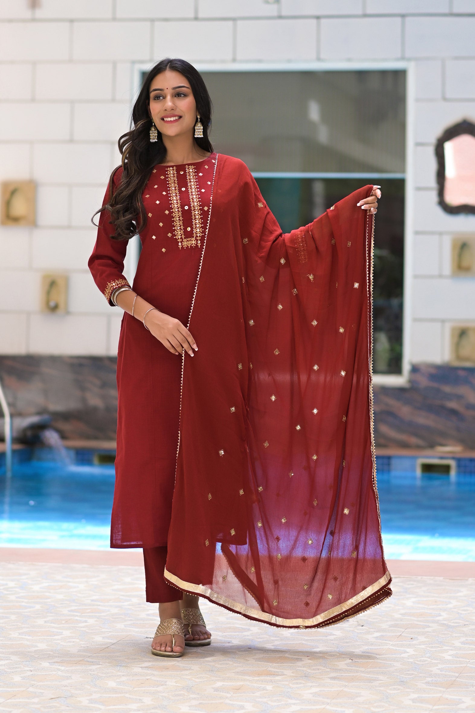 Embroidered Maroon Cotton Suit with Chiffon Dupatta -A Set of 3