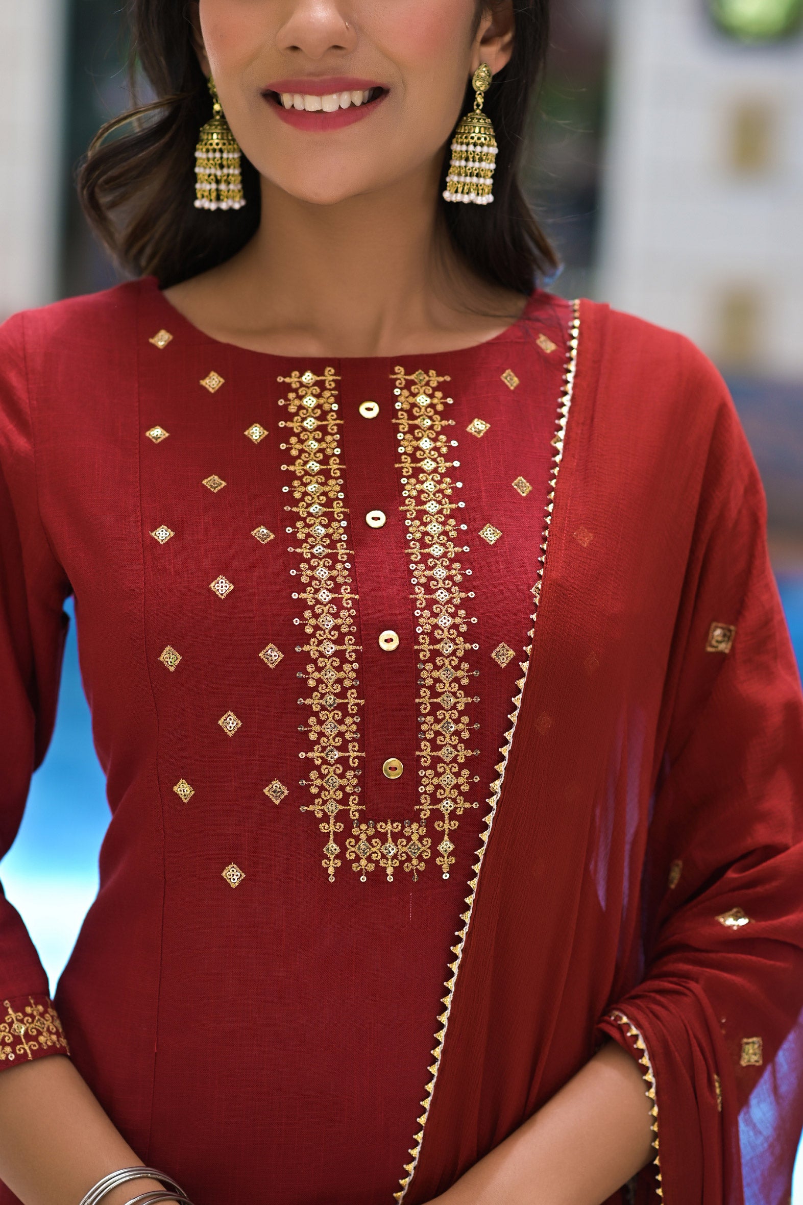 Embroidered Maroon Cotton Suit with Chiffon Dupatta -A Set of 3