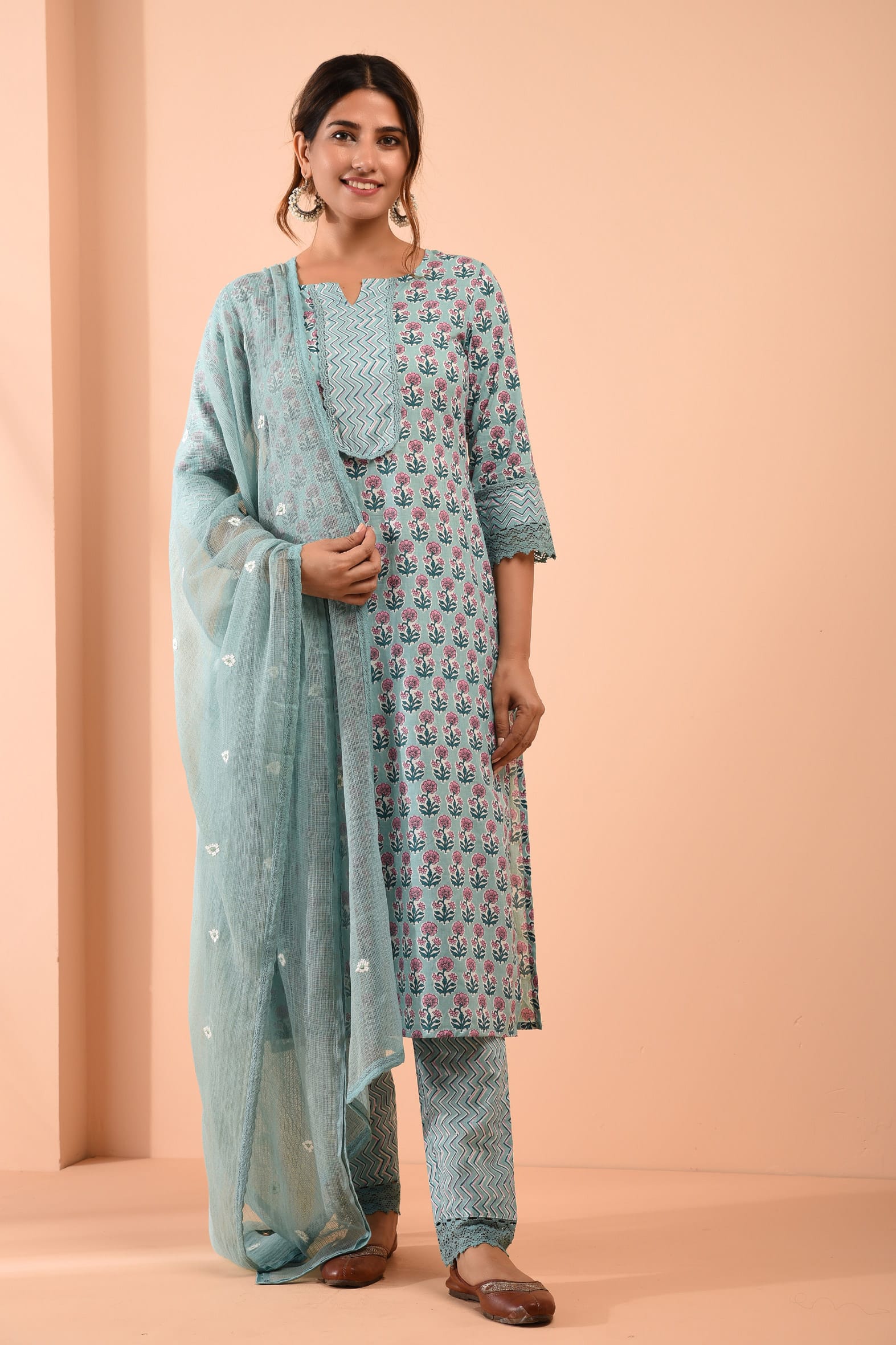 Block Printed Sea Green Cotton Suit with Embroidered Kota Doriya Dupatta- Set of 3