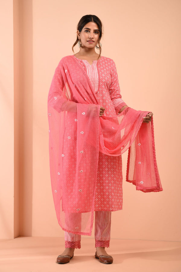 Block Printed Pink Cotton Suit with Embroidered Kota Doriya Dupatta- Set of 3