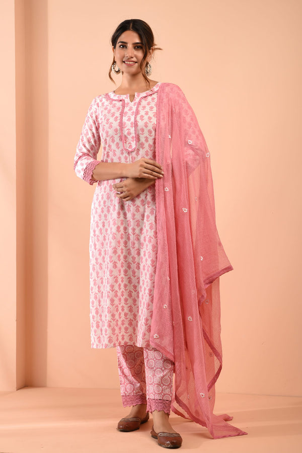 Hand Block Printed White Pink Cotton Suit with Embroidered Kota Doriya Dupatta- Set of 3