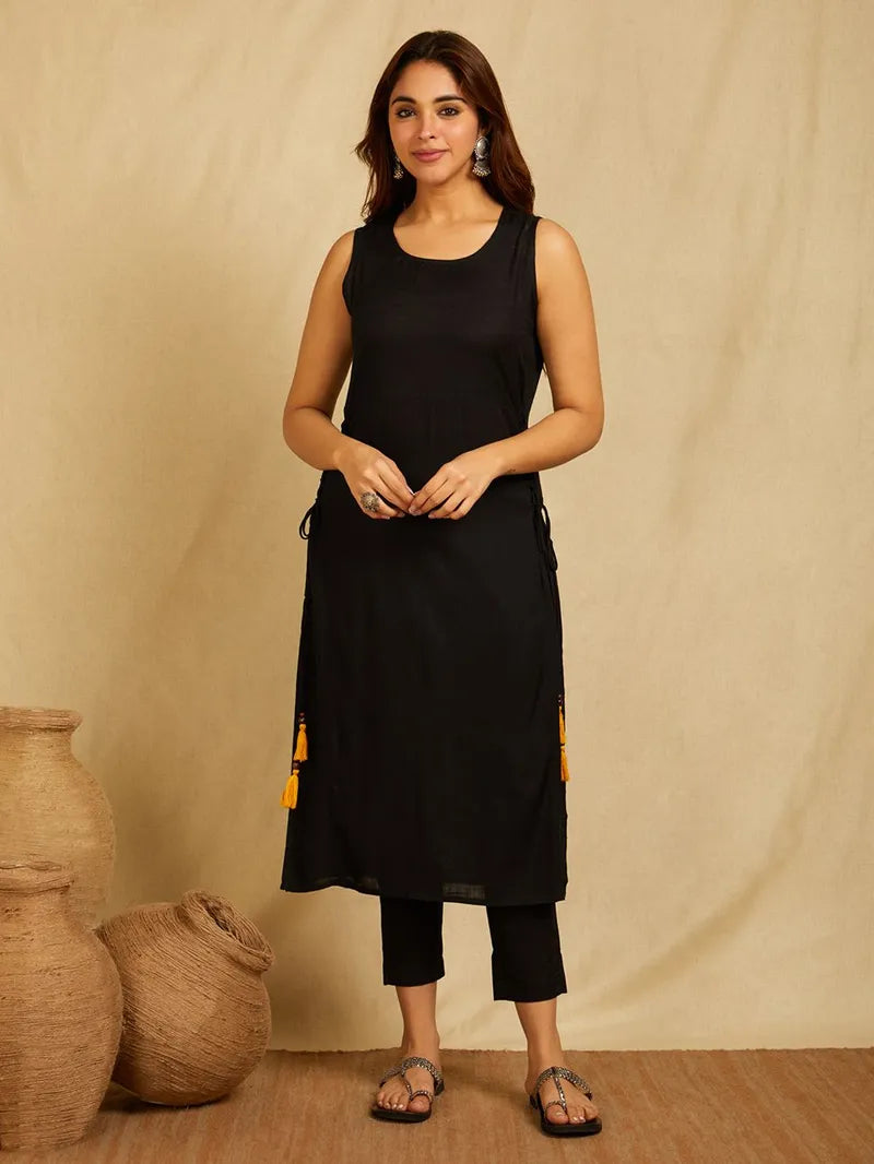 Black Solid Rayon Straight Kurta