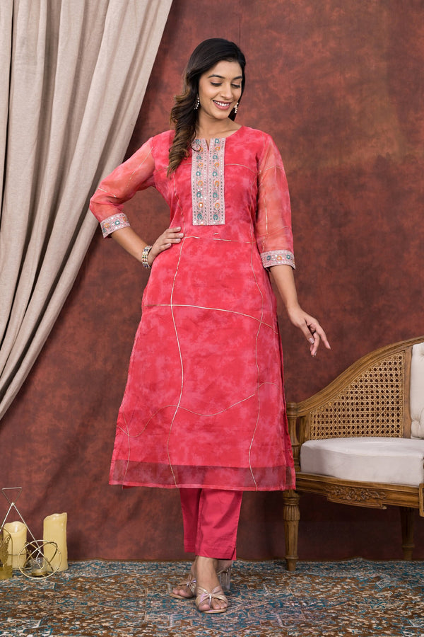 Pink Digital Printed Organza Kurta Pant Set