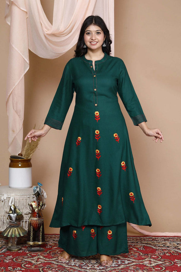 Sea Green Rayon Embroideried Solid Long Kurta with Palazzo- Set of 2